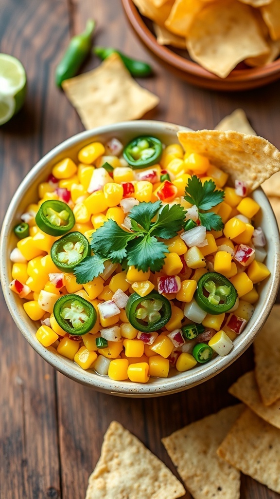 Spicy Corn and Jalapeño Salsa Recipe A bowl of corn and jalapeño salsa with tortilla chips on a rustic table.